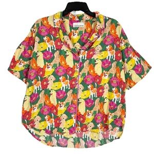 Peter Alexander Pajama Top L Short Sleeve Dogs Corgis Floral Multicolor Comfort